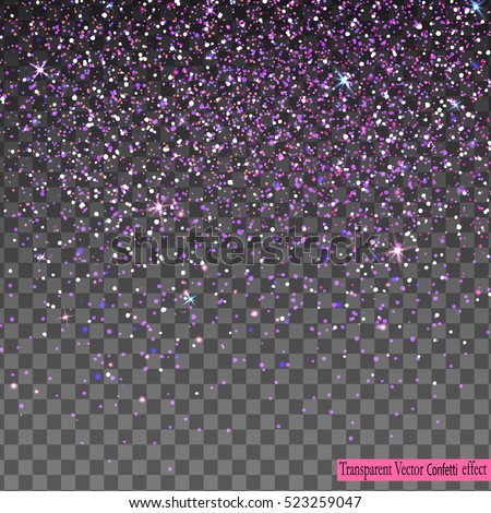 Vector festive illustration of falling shiny particles, purple Confetti Glitters, stars isolated on transparent background. Holiday Decorative tinsel element for Design.  Royalty-Free Stock Photo #523259047