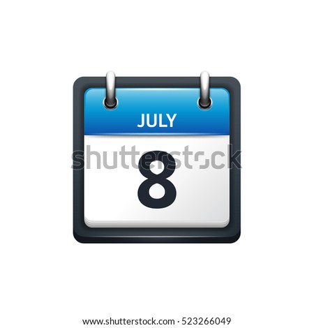 July 8. Calendar icon.Vector illustration,flat style.Month and date.Sunday,Monday,Tuesday,Wednesday,Thursday,Friday,Saturday.Week,weekend,red letter day. 2017,2018 year.Holidays.
