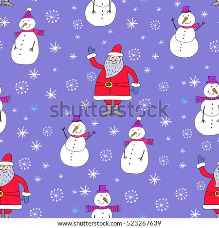 Funny seamless pattern with snowman, Santa-claus  and snowflakes.Christmas design. Handdrawn cute snowman.Vector illustration.