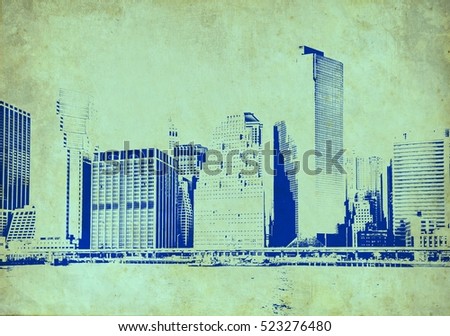 Architecture of skyscraper buildings in New York City USA. 
NYC city of America with five boroughs - Brooklyn, Queens, Manhattan, the Bronx, Staten Island. Image with old paper vintage filter effect 
