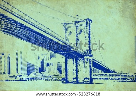 Brooklyn Bridge in New York City United States America. 
Famous suspension bridge in NYC USA, it connects Manhattan and Brooklyn by spanning the East River. Image with old paper vintage filter effect 