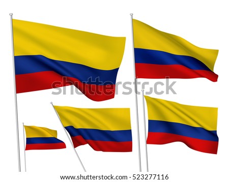 Colombia vector flags set. 5 wavy 3D cloth pennants fluttering on the wind. EPS 8 created using gradient meshes isolated on white background. Five flagstaff design elements from world collection