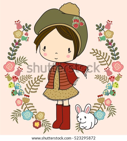 beautiful autumn girl with bunny and flowers
