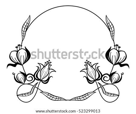 Round black and white frame outline decorative flowers. Copy space. Vector clip art.
