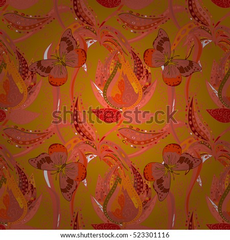 Flowers background with butterflies. Orange and red. Vector illustration.