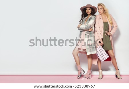 Fashionable two women in coat and nice dress. Fashion autumn winter photo Royalty-Free Stock Photo #523308967