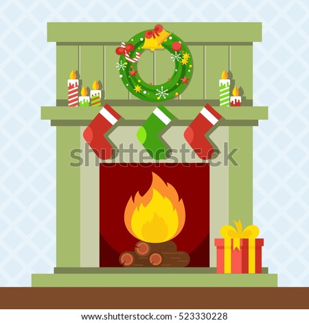 Christmas fireplace. Xmas and fire, home decoration, interior for celebration. Flat vector cartoon illustration. Objects isolated on a white background.