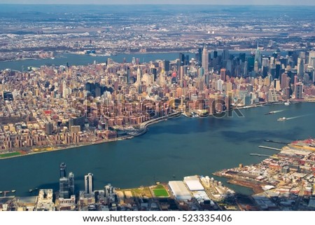 Panoramic view of Manhattan from the airplane window, NYC, USA 