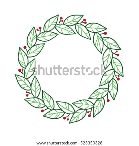 Hand drawn wreath with leaves and berries, colored sketch illustration, frame isolated on white background.