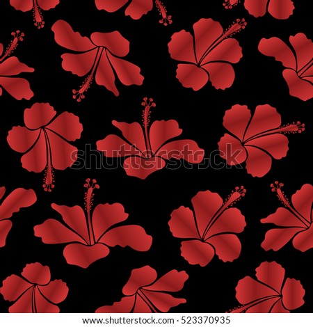 Bright hawaiian seamless pattern with tropical hibiscus flowers on black background in red and orange colors.