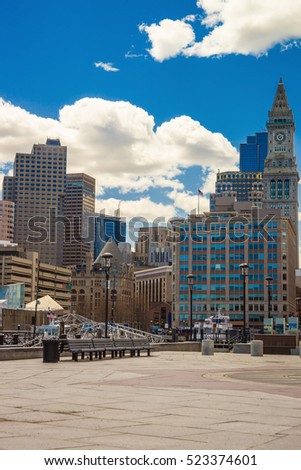 Long Wharf and the Custom House and Financial District in Boston, Massachusetts, USA.
