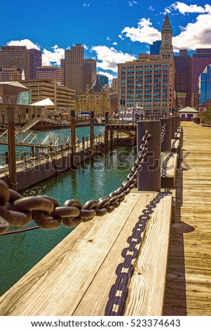 Long Wharf and Custom House and Financial District in Boston, Massachusetts, the US.