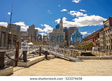 Long Wharf Landing with the Custom House and Financial District in Boston, Massachusetts, USA.