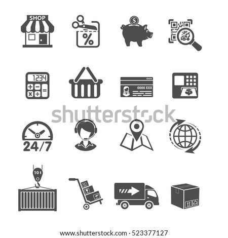 Internet Shopping, Delivery and Cargo Black Icons Set for e-commerce Isolated vector illustration