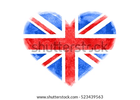 Poster of watercolor heart shape Great Britain flag. Red and blue isolated heart symbol on white background. Watercolor heart with British flag. Vector Illustration