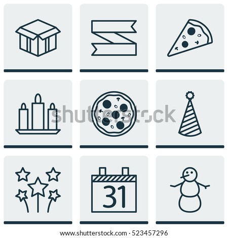 Set Of 9 Holiday Icons. Can Be Used For Web, Mobile, UI And Infographic Design. Includes Elements Such As Pizza, Festive, Celebration And More.