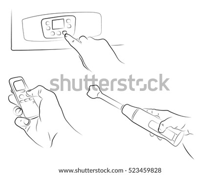 Hand holding a mixer, hand presses the button, the hand holding a cell phone, vector illustration
