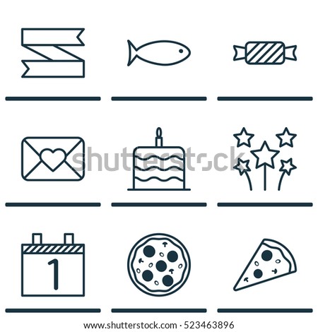 Set Of 9 Happy New Year Icons. Can Be Used For Web, Mobile, UI And Infographic Design. Includes Elements Such As Ribbon, Month, Pizza And More.