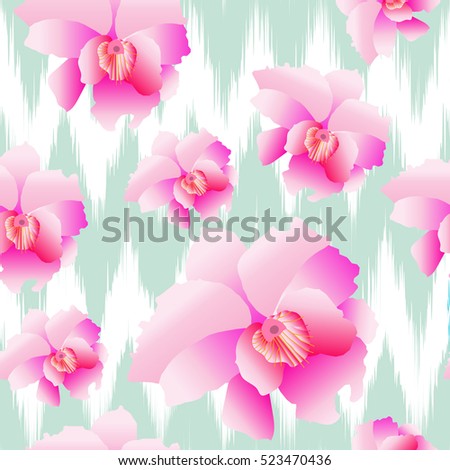 Tropical Orchid flower . Modern Nature flowers seamless ikat  pattern background . Vector