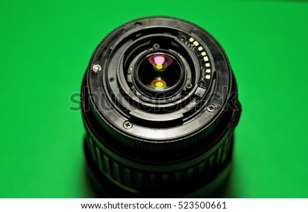 camera lens close-up on a green background.