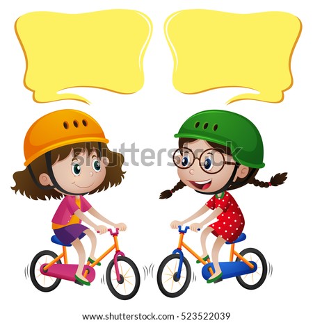 Speech bubble template with two girls riding bike illustration