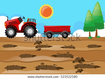 Farm scene with tractor in the field illustration