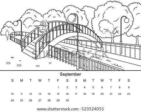 September calendar with coloring book image. Black and white drawing. Cartoon hand drawn vector illustration