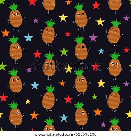 Pineapple, vector seamless pattern with cute fruit characters on dark background with colorful stars
