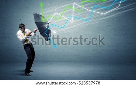 Business person with umbrella and colorful stock market arrows concept
