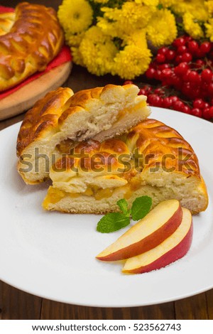 Slice of mouth watering rustic apple pie. Top view. Close-up
