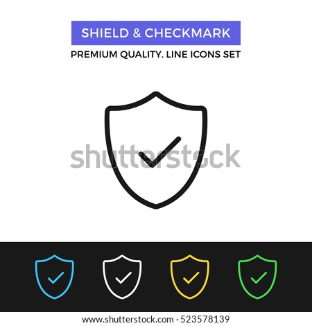 Vector shield and checkmark icon. Safety, protection. Premium quality graphic design. Signs, outline symbols collection, simple thin line icons set for websites, web design, mobile app, infographics Royalty-Free Stock Photo #523578139