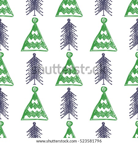 Seamless vector pattern with fir-trees. Blue, green and white seasonal winter background with cute hand drawn fir trees  Graphic illustration. Series of winter seamless vector patterns.