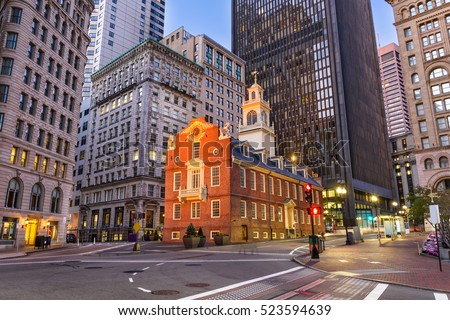 Boston, Massachusetts, USA cityscape at the Old State House. Royalty-Free Stock Photo #523594639