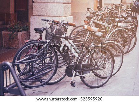 Bicycles parked on a street