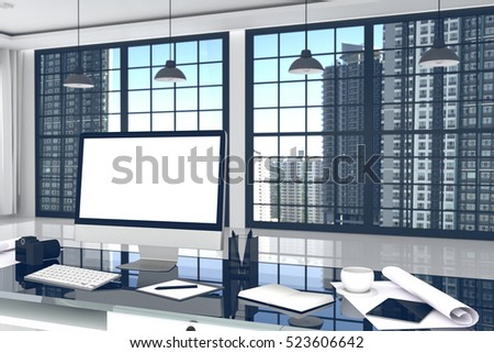 3D Rendering : illustration close up of Creative designer office desktop with blank computer,keyboard,camera,lamp and other items on background with window and city view. clipping path include