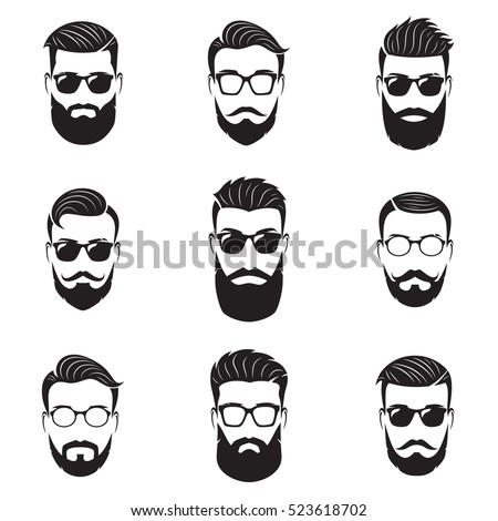 Set of vector bearded men faces, hipsters with different haircuts, mustaches, beards. Silhouettes, emblems, icons, labels. Royalty-Free Stock Photo #523618702