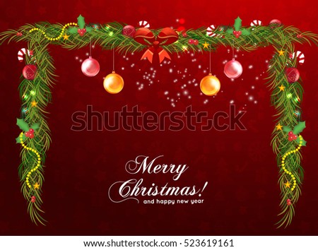 Bow Borders Fir-tree Branches With Holly Berry Set With Gradient Mesh. Vector Illustration