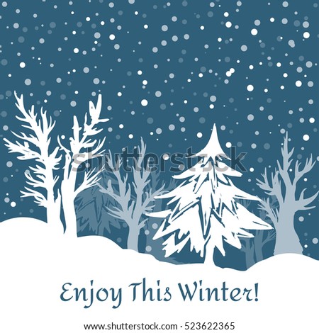Beautiful winter background with snowflakes and trees. Background for winter, New Year and Christmas with place for text. Hand drawn vector illustration