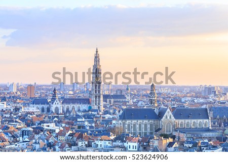 View over Antwerp with cathedral of our lady taken, Belgium Royalty-Free Stock Photo #523624906