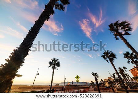 Santa Monica seafront at sunset, California