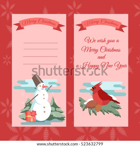 Christmas invitation. Templates with snowman and northern cardinal. Vector illustration