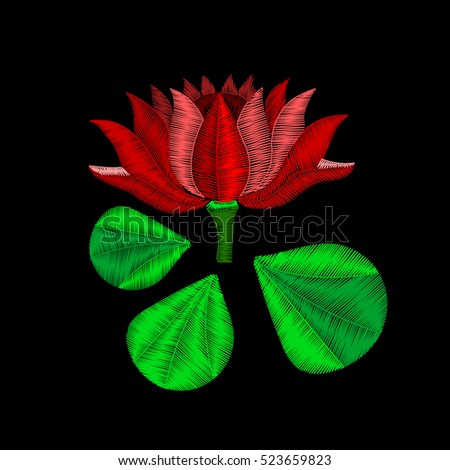 Red lotus flower - embroidery on black background. You can use this flower as a template for embroidery software or as a design element.  Vector illustrations.