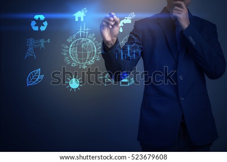 Closeup image of businessman drawing save earth icon 