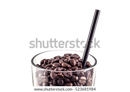Coffee Beans and Straw coffee in glass isolated on white background area for copy space.Concept crazy coffee area for copy space.