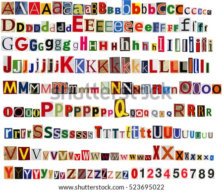 Big size colorful newspaper, magazine alphabet with letters, numbers and symbols. Isolated on white background. Royalty-Free Stock Photo #523695022