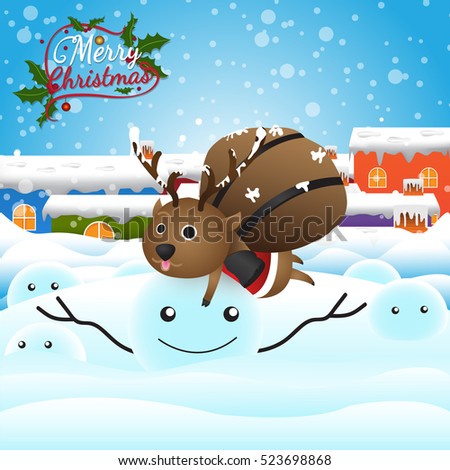Merry Christmas from vector.Santa Claus and reindeer on snow background.Merry Christmas in 2016.