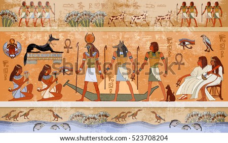 Ancient Egypt scene, mythology. Gods and pharaohs. Hieroglyphic carvings on the exterior walls of an ancient temple. Egypt background. Murals ancient  Royalty-Free Stock Photo #523708204