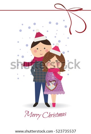 Cute young couple boy and girl with a gift. Greeting card or poster for Christmas.