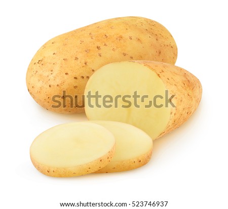 Isolated potatoes. Cut raw potato vegetables isolated on white background with clipping path Royalty-Free Stock Photo #523746937