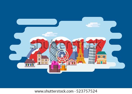 New Year and winter travel background in flat style. Christmas travel, Europe winter town, snow village in alps and winter city street. The winter vacation. Mountains, buildings and gifts in boxes.